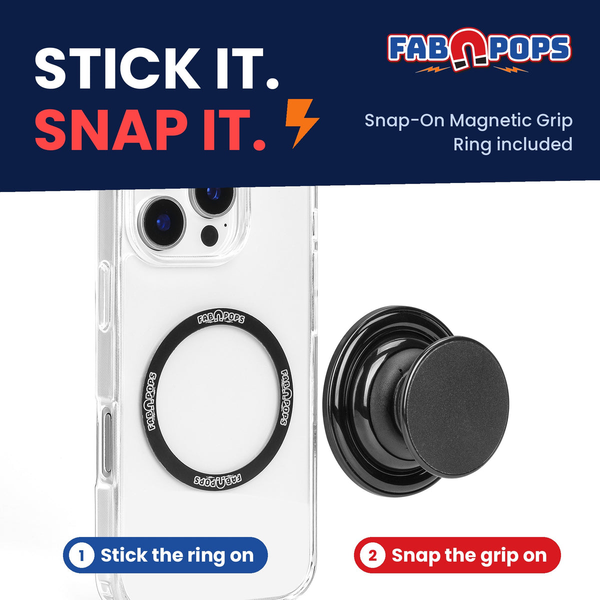 FAB POPS® Snap-On Magnetic Phone Grip and Stand, Ring Included, Black
