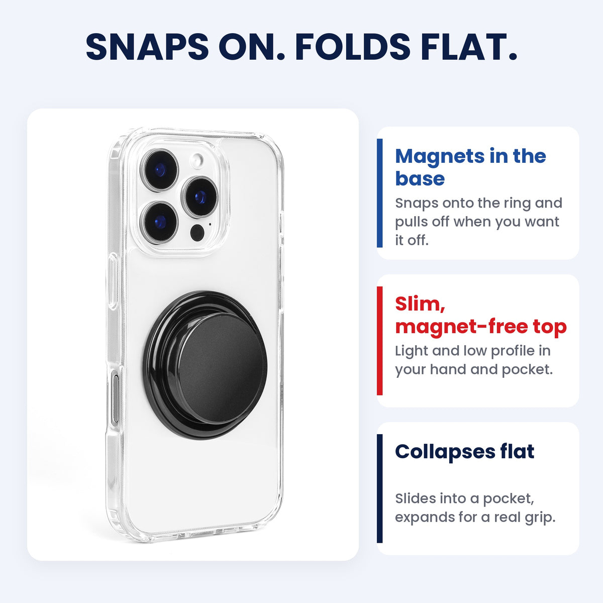 FAB POPS Snap-On grip snaps on with base magnets and folds flat