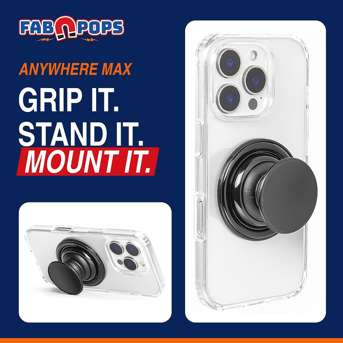 FAB POPS® ANYWHERE MAX Magnetic Phone Grip, Stand and Mount | Any Phone, Ring and Anywhere Disc Included