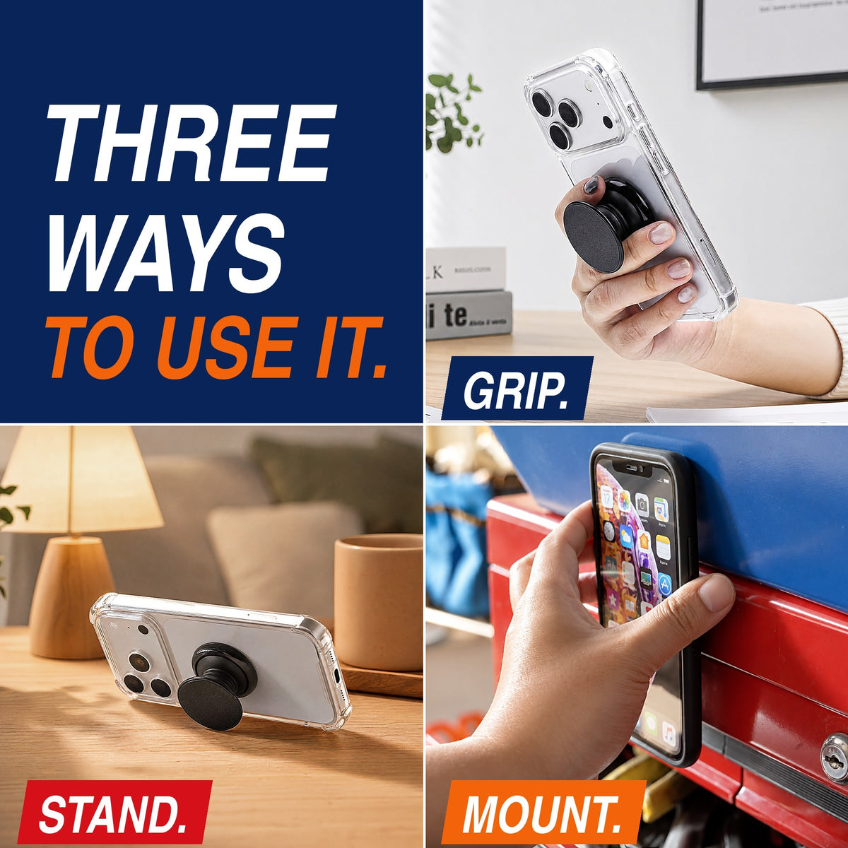 Three ways to use the FAB POPS Anywhere Grip: grip, stand, mount
