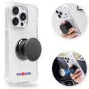 FAB POPS Anywhere Grip on a phone with the FAB POPS logo, shown as a hand grip and snapping to the Anywhere Disc on a car dashboard
