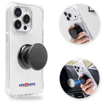FAB POPS Anywhere Grip on a phone with the FAB POPS logo, shown as a hand grip and snapping to the Anywhere Disc on a car dashboard